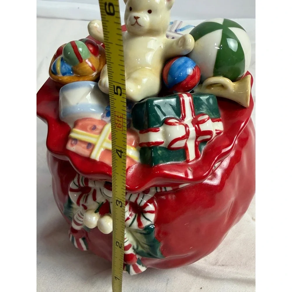 Longaberger Christmas Santa Toy Bag Ceramic Candy Jar Teddy Bear Lid Red